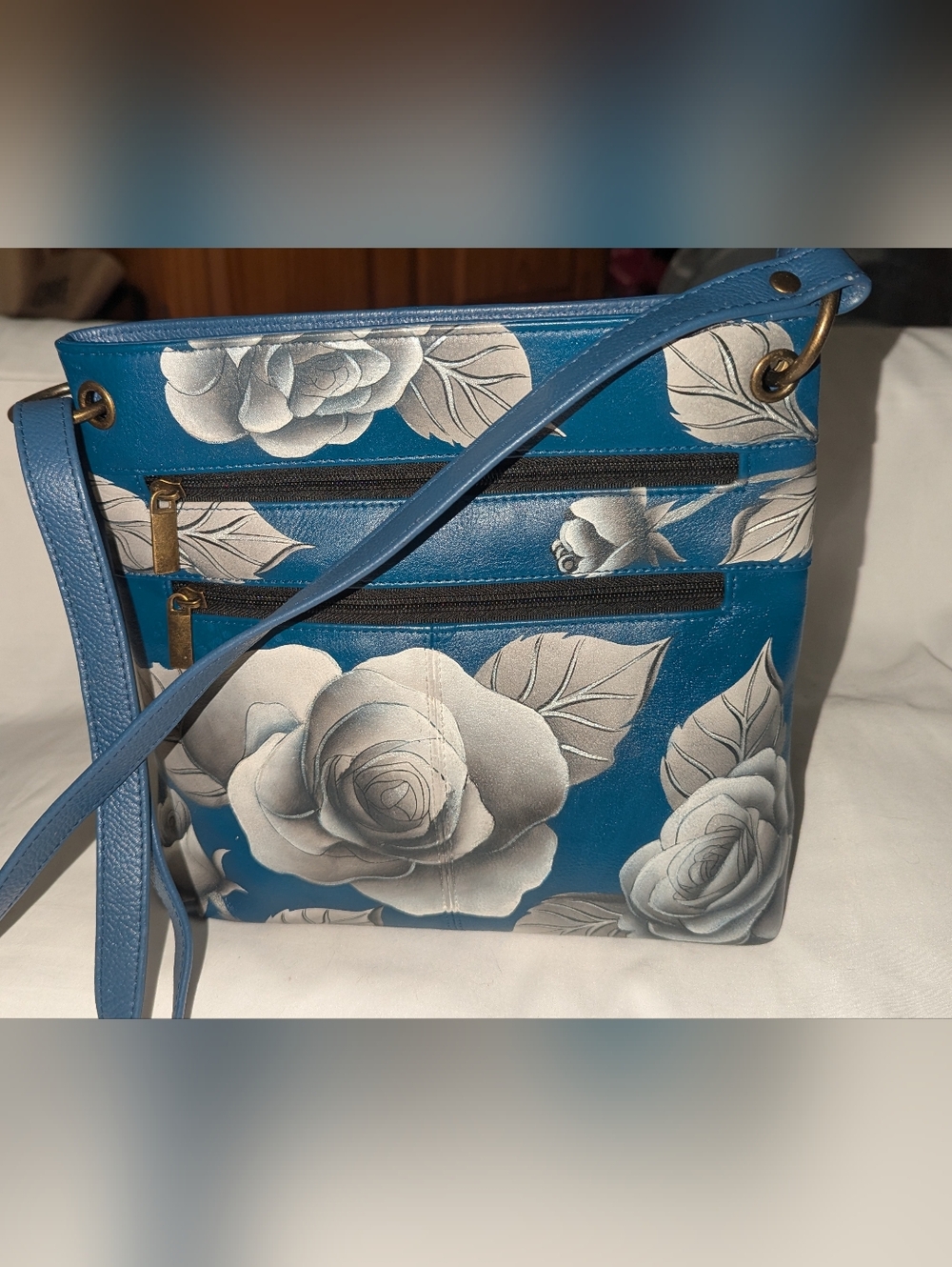 Anna By Anuschka Midnight Rose Blue Crossbody Bag.